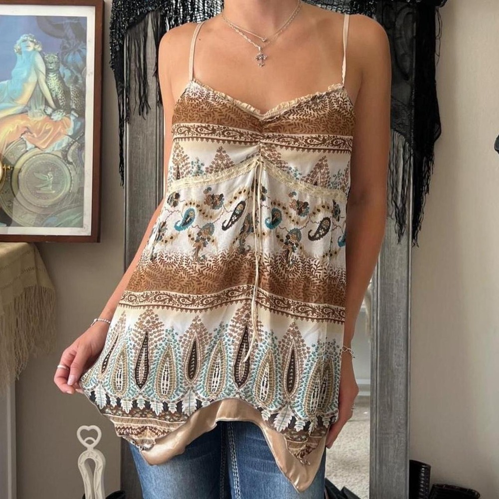 Mouth Valley Paisley Babydoll Tank Top Brown Blue Y2K Fairycore Asymmetrical S M